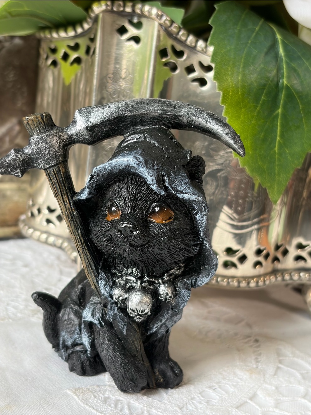 Grim Reaper black kitty cat figurine Halloween decor